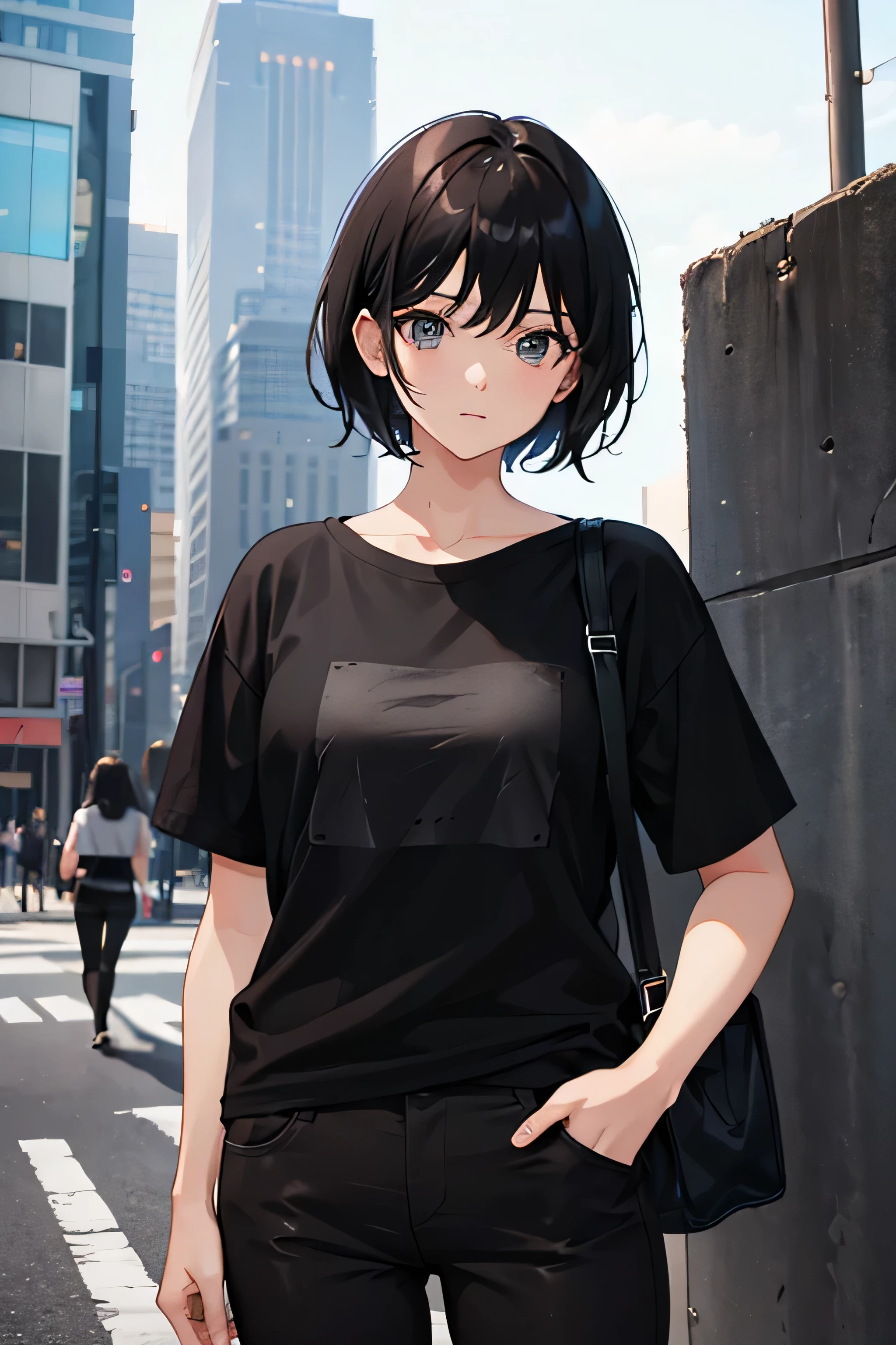 girl, short black hair, black pants, black t shirt, facing forward,