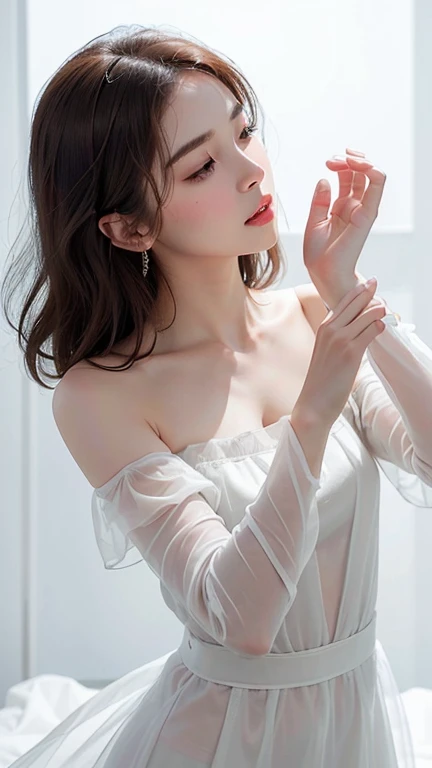 White Background、Professional Lighting、(((Professional Lighting 1.5)))、Translucent skin texture、Clear Skin、Beautiful Skin、、Brown Hair、Off the shoulder、White Dress、See-through 1.5、Ecstasy of Musical Notes、kissing pose 1.5