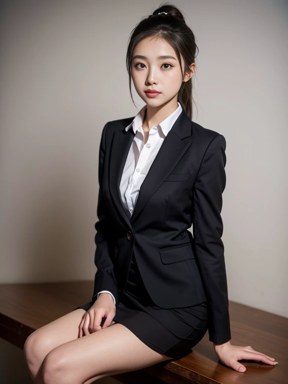 Young woman, slim body, ponytailed, wearing black business suit, black short skirt, sitting, posing, detailed, photography, high quality 