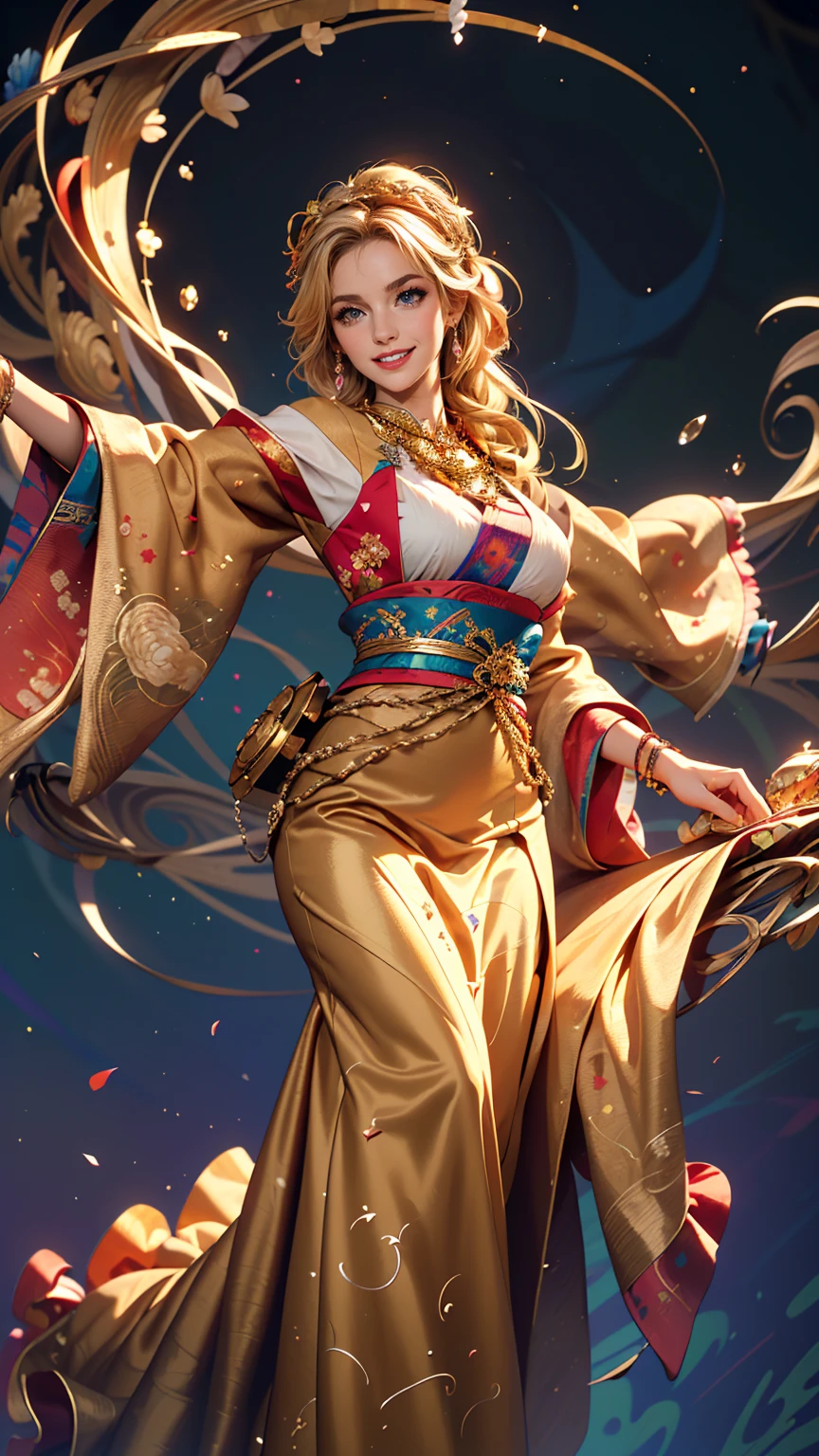 (masterpiece, highest quality, highest quality, Official Art, beautifully、aesthetic:1.2), (One girl:1.3), Very detailed,(Fractal Art:1.2),colorful,Most detailed,(Tangled:1.2), (Dynamic pose), (Abstract background:1.5), (Traditional Costume:1.2), (Shiny skin), (Many colors:1.4), 、smile