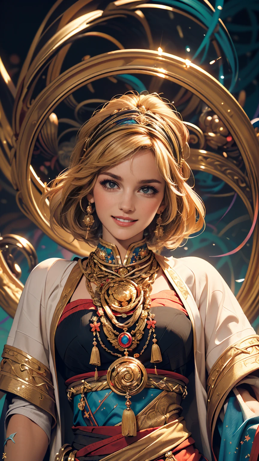 (masterpiece, highest quality, highest quality, Official Art, beautifully、aesthetic:1.2), (One girl:1.3), Very detailed,(Fractal Art:1.2),colorful,Most detailed,(Tangled:1.2), (Dynamic pose), (Abstract background:1.5), (Traditional Costume:1.2), (Shiny skin), (Many colors:1.4), 、smile