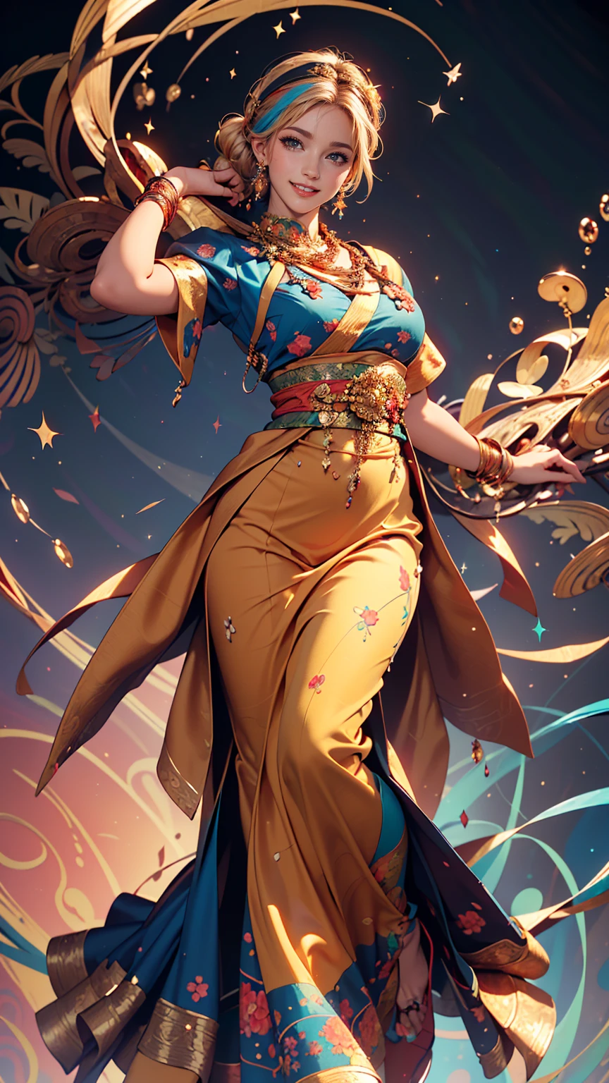 (masterpiece, highest quality, highest quality, Official Art, beautifully、aesthetic:1.2), (One girl:1.3), Very detailed,(Fractal Art:1.2),colorful,Most detailed,(Tangled:1.2), (Dynamic pose), (Abstract background:1.5), (Traditional Costume:1.2), (Shiny skin), (Many colors:1.4), 、smile