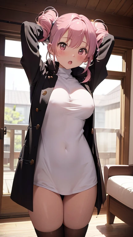masterpiece、highest quality、Very detailed、Photograph the upper body、1 female、(Put your arms behind your back:1.4)、Are standing、Turn your body forward、View your viewers、(coat)、break,blush、shy、Pink Hair、Open your mouth、living room、Big Breasts、