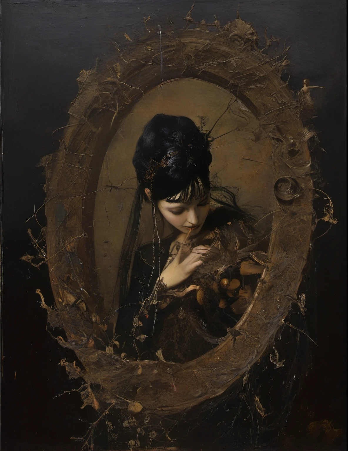 James Gurney, Surrealist art , dream-like, Mysterious, Provocative, symbolic, Complex, detailed,, (Gothic but very beautiful:1.4), (masterpiece, highest quality:1.4) , Nicola Samori Style, goddess