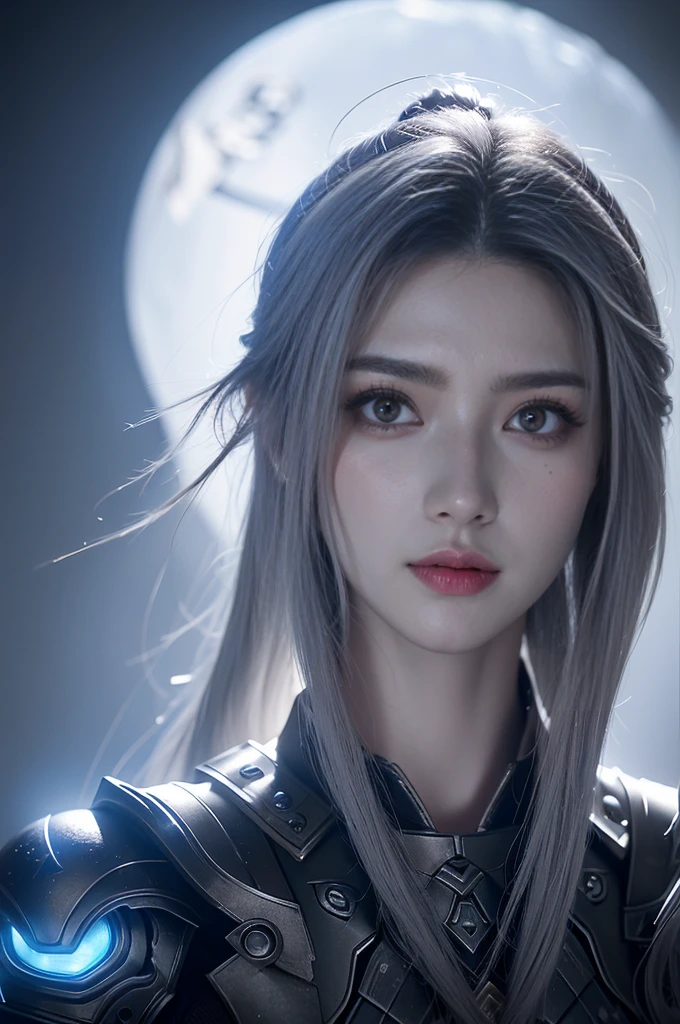 masterpiece,Game Art,Best picture quality,Maximum resolution,8k,(portrait),Unreal Engine 5 rendering works,(Digital Photography),((portrait Feature:1.5)),
20 year old girl,Short hair details,Long bangs,(The red eye makeup is carefully applied),(With long gray hair:1.4),(Large target, plump breasts),Elegance and nobility,Brave and charming,
(The future armor combines the characteristics of Chinese armor,hollow-carved design,Power Armor,Mysterious oriental runes,Exquisite clothing patterns,Magic Flash),Future Warrior,Cyberpunk Characters,War Background,
Movie Lighting,Ray Tracing,Game CG,((3D Unreal Engine)),OC rendering reflection mode