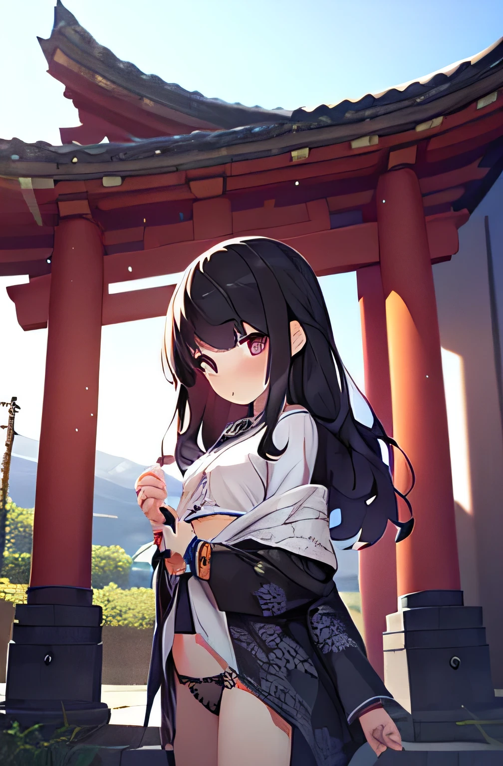Girls under , under 100 height, black kimono, small breasts, patterned cotton panties, fabric realistic, black hair, no jacket, old shrine
