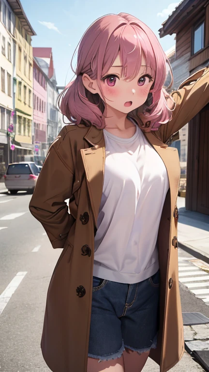 masterpiece、highest quality、Very detailed、Photograph the upper body、1 female、(Put your arms behind your back:1.4)、Are standing、Turn your body forward、View your viewers、(brown coat)、break,blush、shy、Pink Hair、Open your mouth、In town、Big Breasts、