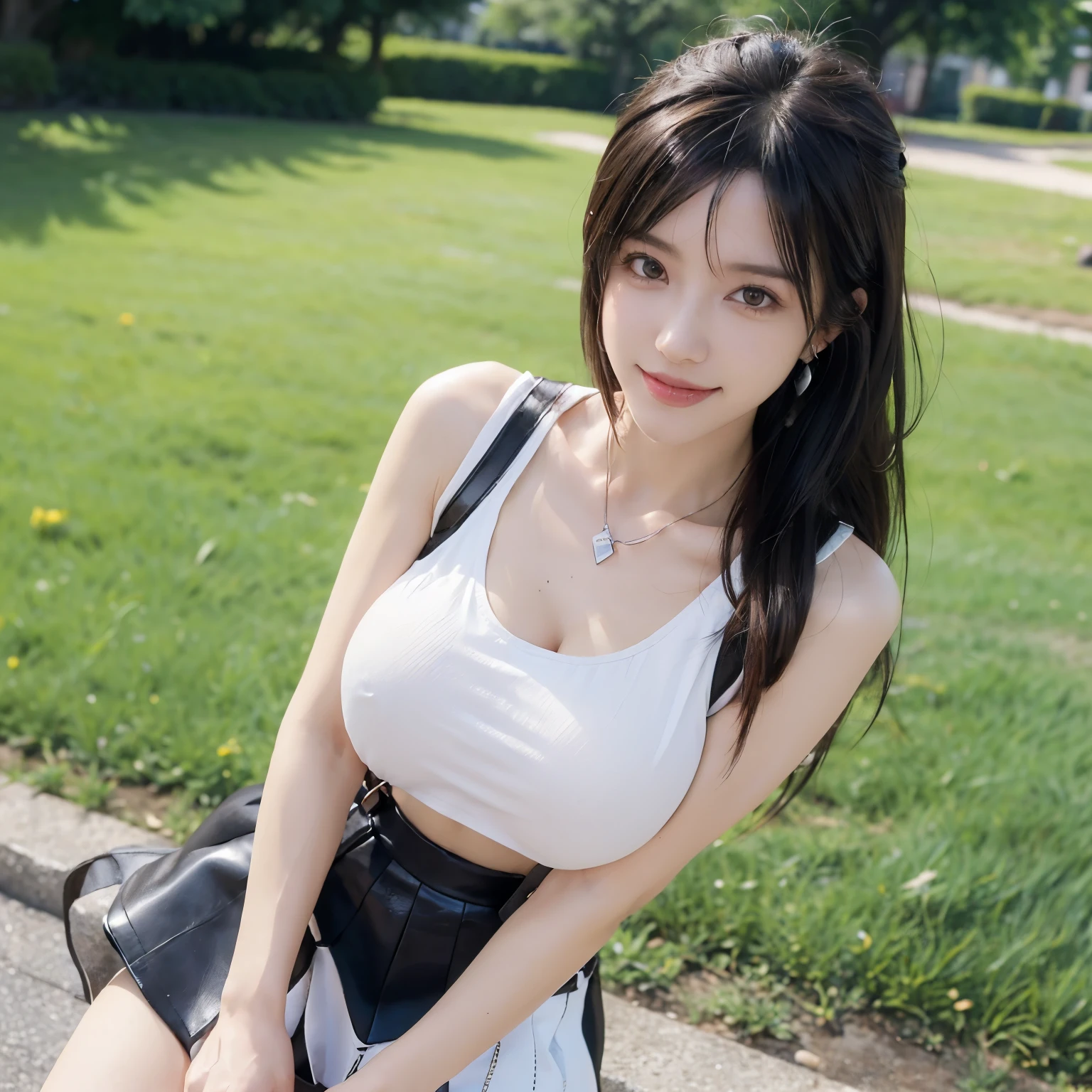 ((masterpiece)), (NSFW), (UHD), (detailed skin, detailed hair, detailed eyes, detailed finger, detailed fabric), ((final fantasy 7), (Tifa Lockhart)), 1girl, beautiful young girl, (big eyes, red eyes), (black hair, very long hair), ((natural big breasts:1.4)), hourglass body shape, slim, (happy smile), realistic, parted lips, ((Leather) (mini skirt)), (White crop top, sleeveless, Black belt, black braces with buckles, suspenders), earrings, jewelry, bangs, full body view, camera focus on character, lean forward pose, red hand gear, outdoor
