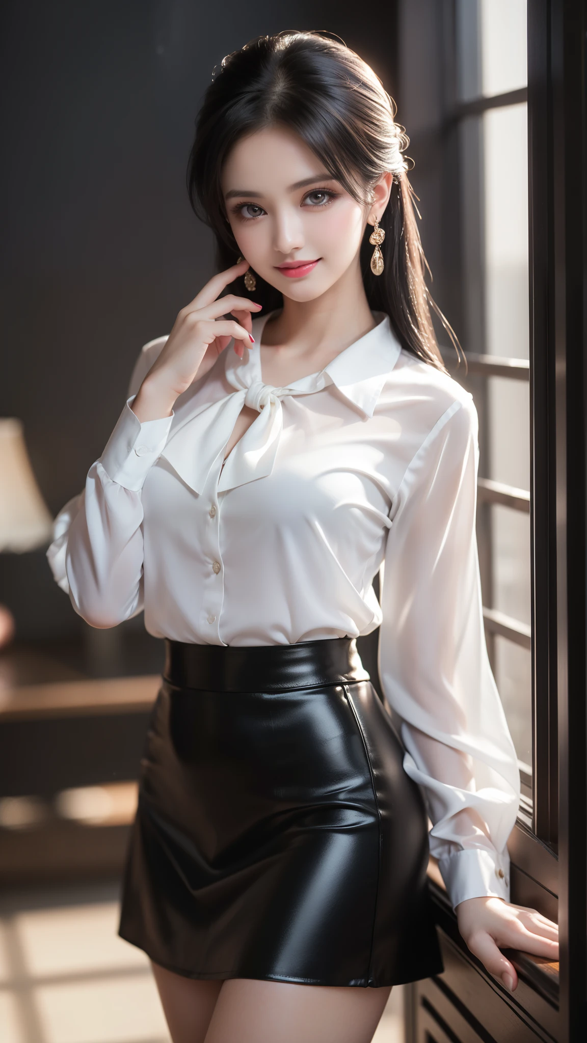 (best quality,ultra-detailed,photo-realistic:1.37),extremely beautiful eyes, Bright and Vibrant colors,studio lighting, playful expression, Extremely detailed eyes, stylish makeup,Beautiful Fashion Model Posing, bow blouse silk shirt, long loose shirt, (mini black pensil skirt) (skin tight skirt), Slim Figure, Medium Round BREAST, high fashioned, silver hair flowing in the wind,alluring eyes,glossy lips,sexy pose, smiling in a confident and seductive way, posing for a professional photoshoot, shallow depth of field, highlighting the main subject, soft natural lighting, creating a dreamy and magical atmosphere.