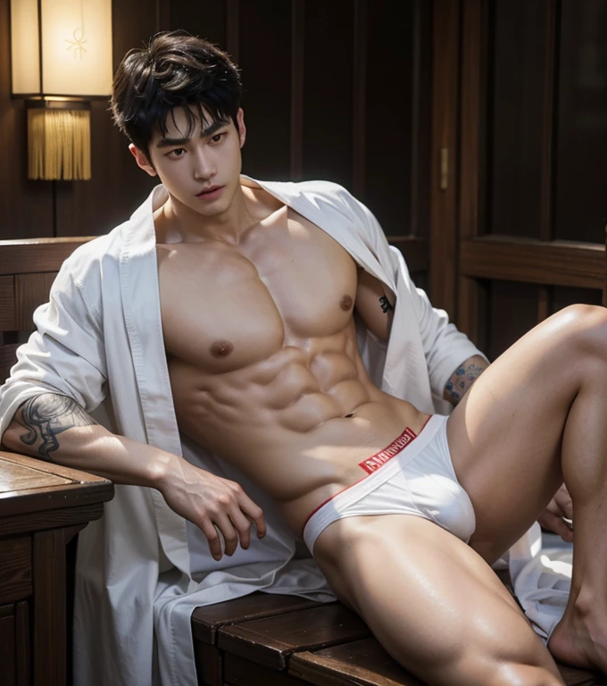 Chinese Men God, Mythology, Chinese odyssy, Handsome , young baby face, Topless, Muscles, Athlete body, Full Frame, Sexy, Professional Lighting, Hanfu Outfit, Chinese Heaven Background,white g string Underwear, white transparent thong , Sexy big bulge form sick shape, manly Warrior, Hanfu God, Hanfu Male, Hanfu Nobel, naked, Seduce, Sex Appeals, Alafard man shirtless carrying a wet transparent coast, muscular body, handsome, manly, inspirite by Zhang Han, Cai Xukun, Kim Do-young, Inspired by Bian Shoumin, Inspired by Xiao Yuncong, yihao ren, yanjun cheng, jinyiwei, inspired by Huang Gongwang, xintong chen, Jacket, wearing japanese thong ,nice butts,naked, long big dick, erection, Tattoo chest, tattoo hands, tattoo arms, tattoo belly, clear studio light, night ancient chinese Buddhism temple background, detailed background, fantasy Chinese themed, the best resolution, 8k, Ultra fullHD, look at the viewer, catching eyes,
