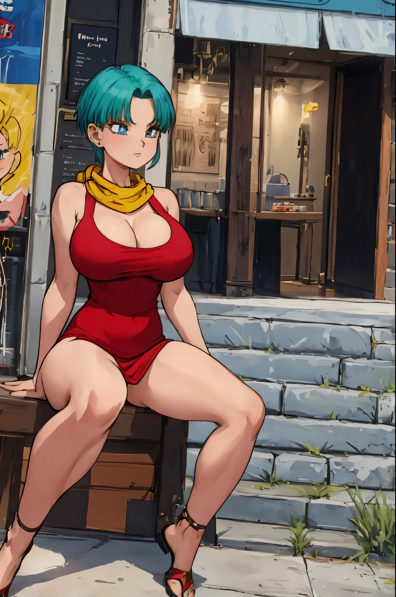 full body visto desde abajo ((cabello verde corto)).  long hair, (( anime bulma dragon ball z)) (( vestido rojo)) mujer 30 years old, ((cabello azul corto)), (( con curvas)),(( a yellow scarf)) (( vestido muy corto)) (( piernas fuertes)), (( cintura muy angosta)) hay una mujer con un vestido rojo y a yellow scarf, vestido apretado, nipples visible through clothes, vestimenta ajustada, succubus in short tight dress, vestido sexy, faye valentine, linda chica con traje de tanque, skinvestido apretado, better known as amoranto, amoranto, He wears a bathing suit, usando ropa sencilla y ajustada, cintura delgada y caderas gruesas 