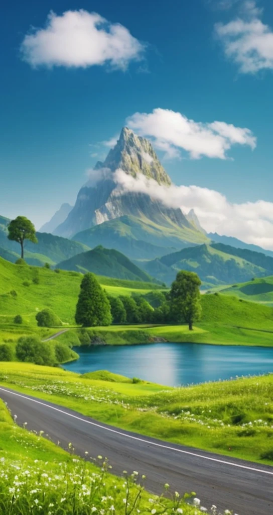 There is a road through the green fields，A mountain in the background, Mountain, Majestic mountain peaks, Beautiful mountains背景, Stunning scenery, Middle-earth Landscape, Beautiful mountains, mountainous terrain, Epic Landscapes, Impressive fantasy landscape, Detailed scenery —width 672, Mountainous area, Epic Landscapes, Mountain environment, nice environment