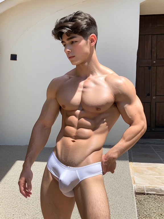 Un chico , very beautiful, piel blanca con rasgos finos, poca ropa, pectorales fuertes definidos, al descubierto, desnudos, piernas musculosas, hermosos pezones grandes obscuros grandes y puntiagudos, abs definidos,