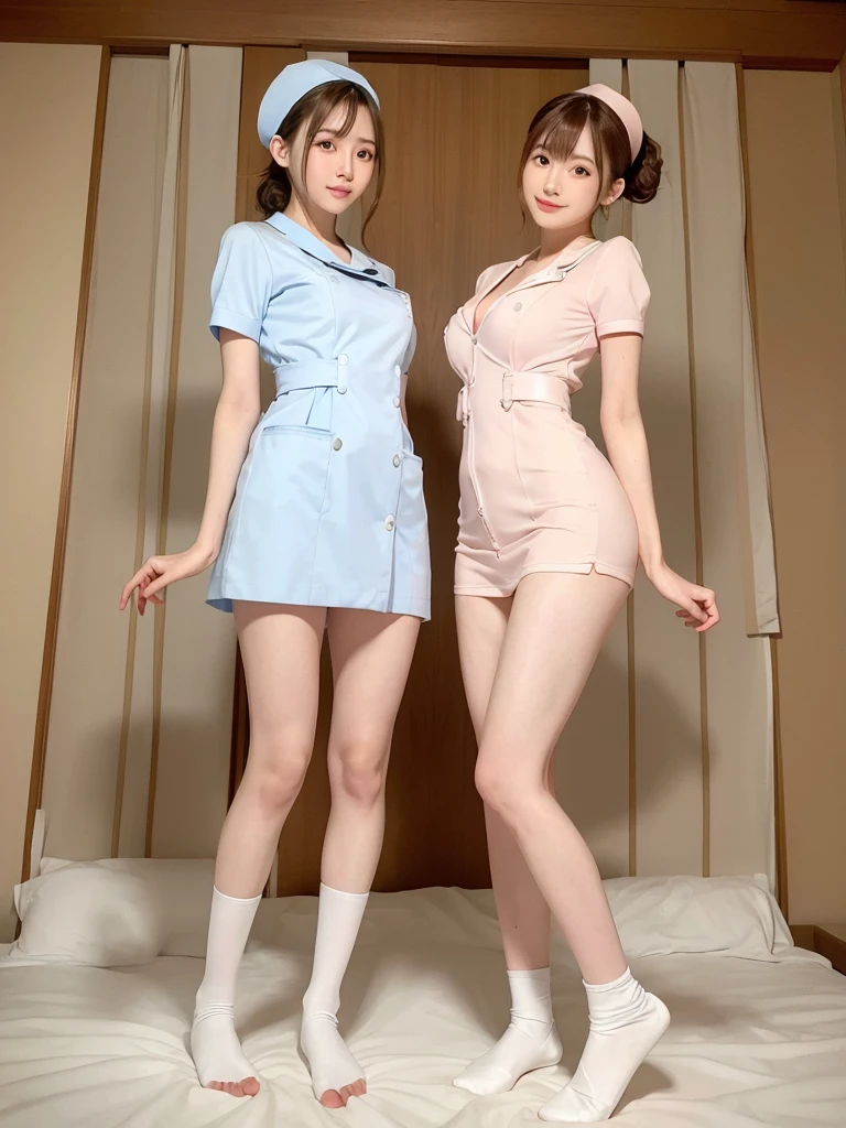 (highest quality),(High resolution),(8K),The whole body is shown,(Large Breasts),Long, slender legs,Beautiful feet,Slender,Narrow waist,(Hair up),Small Face,cute,smile,nurse,(Costumes with attention to detail:1.2),(2 people:1.2),Woman looking down from above,Angle from below