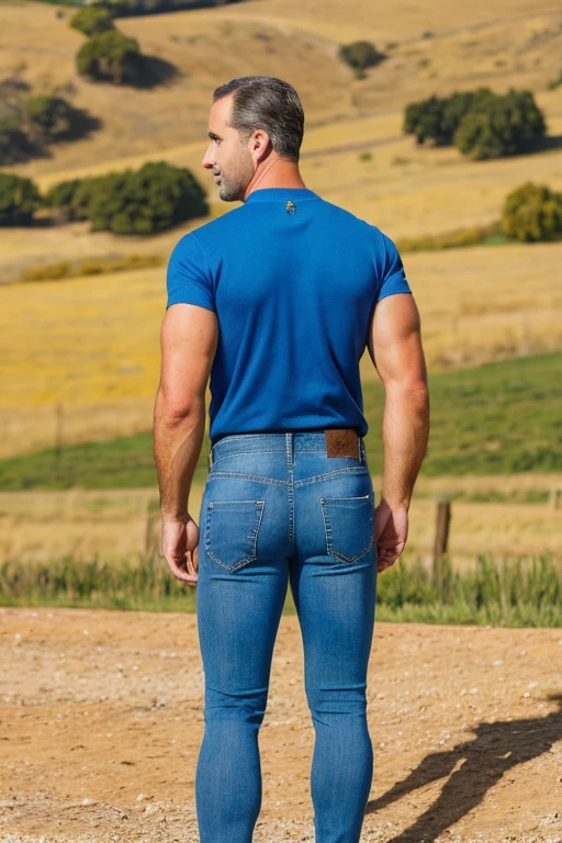 photo, handsome man felipe vi, daddy, shirtless, blue jeans, boots, ranch, farm, photoshoot, muscular, veins, realism, natural lighting epiCPhoto, big muscular body backside