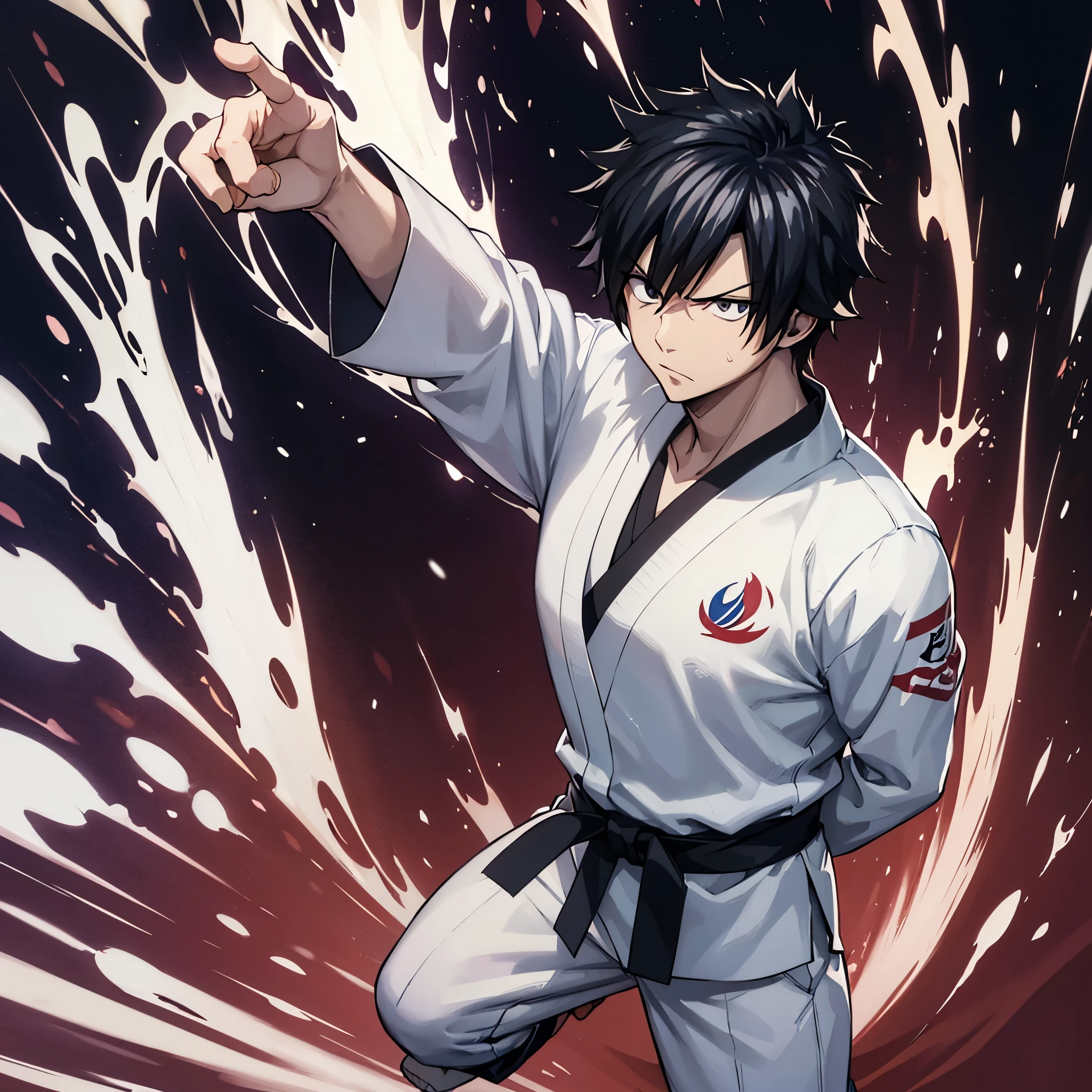 A man wearing a white karate uniform, black belt around his waist, in a fighting stance, serious face, black hair, black eyes, in a dojo, standing, full body, muscular, drop shadow, atmospheric perspective, flourish, 8k, super detail, accurate, best quality, UHD, anatomically correct, textured skin, high quality, high resolution , best quality (solo man)
