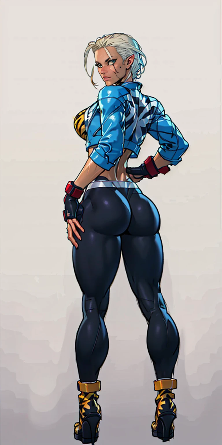 Drawing of cammy_white, cammy sf6, bang, scar on cheek (((Plain background:1.2))) (masterpiece, high quality:1.1) 1girl solo full body squatting looking to the viewer, view from below, hairstyle short bob hair with 2 longs braids, extra long hair, white silver hair, red eyes, HANDS ON HIPS (yellow tiger bikini print long sleeves and long stockings) (dark elf dark skin) (incredibly beautiful full body photo standing, (((bright eyes))) good anatomy, perfect hand muscular legs))) thin waist, muscular abdomen, wearing black high heel shoes (((with her back to me showing her big shapely ass to me)))