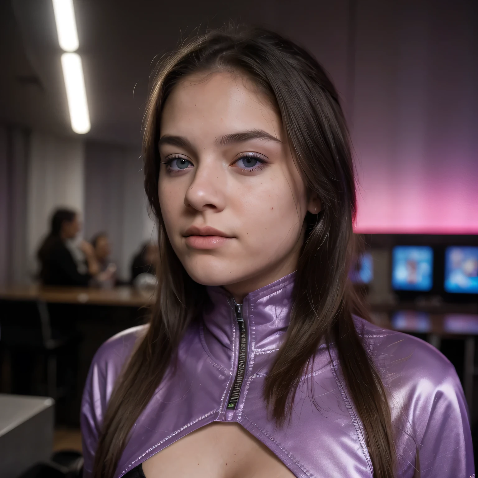 photo of a college student，15 years old, in Purple Pink, futuristic space suit, (freckles:0.8) cute face, sci-fi, dystopian, detailed eyes, cobalt blue eyes（（Side view））Party bar