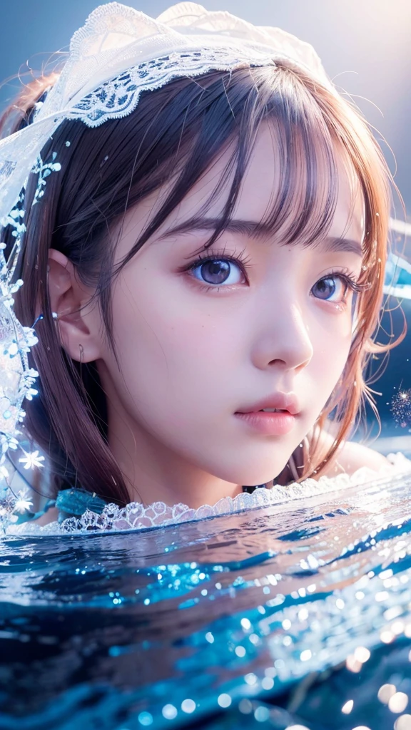 (highest quality, 8K, High resolution, masterpiece:1.2, unrealistic), beautiful japanese girl, 18-year-old, close up shot, Naked in the pool, (Above the water surface above the chest:1.3), I close my eyes comfortably., (Hair that sparkles like the starry sky:1.3), Super Long Straight Silk Hair, asymmetrical bangs, big magical eyes, High-resolution eyes that sparkle like the starry sky, smooth soft skin, High resolution perfect collarbone, High resolution beautiful bust, blue night, The water surface shines colorfully, illumination, colorful lights, sparkling light effect, professional lighting, professional photographer