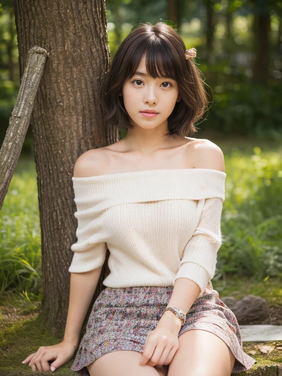 (highest quality, masterpiece, Ultra-high resolution:1.2), (Photorealistic:1.3), (RAW Photos:1.3), 8k, 16k, 32k, 1 girl, Ultra-high resolution, Professional artwork, Very detailed, Complex, Detailed face, 1 girl, (Japanese Girls:1.3), (alone, whole body, Wide Shot, 18-year-old:1.3), short hair, Boyish pose, Off the shoulder、mini skirt、Outdoor、sit、 Bare legs