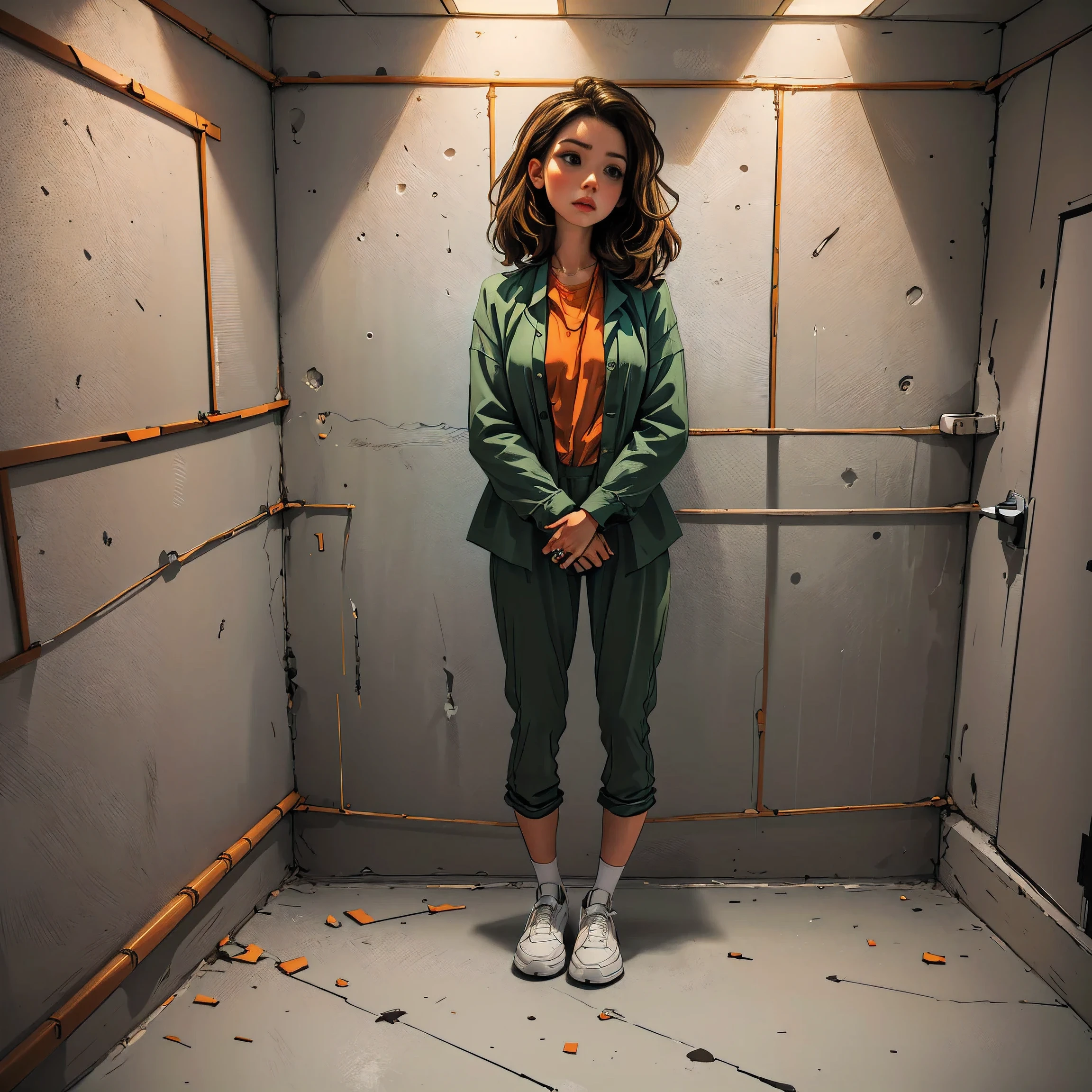 ((realism)), (full body image) extremely high quality RAW photograph, detailed background, intricate, messy hair, Exquisite details and textures, highly detailed, Photo of [Hailee Stienfeld|Katherine Langford|Mila Kunis] ((in a prison cell:1.3)), (wearing orange prison clothes:1.3), Looking away from the camera, ultra detailed photograph, warm lighting, artstation, 4k, sharp focus, high resolution, detailed skin, detailed eyes, 8k uhd, dslr, low harsh lighting, high quality, film grain, Fujifilm XT3, sad:1.3