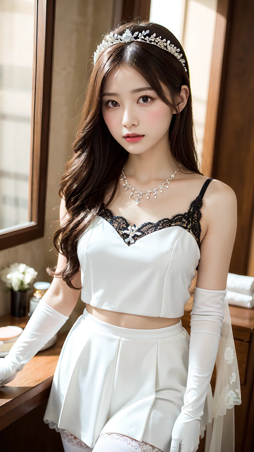 White Wedding Dress、(White Princess Line Wedding Dressing Table Headpiece、White necklace、White lace gloves、White pantyhose:1.2)，(White skirt、Beautiful embroidery、White lace garter:1.2)，Beautiful necklace, hotel、Perfect proportion、Lovely、((18 year old female:1.2))、年轻Lovely日本面孔，official art，Highly detailed CG Unity 8k wallpaper，（masterpiece:1.0),(best quality:1.0), Ultra-high resolution,4K,Ultra Detailed, photo shoot, 8k, nffsw, high resolution, Kodak Portrait 400, Film Grain, lens flare,best quality,8k,nffsw:1.2),Portrait shoot,8k、Viewer