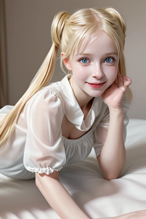 ***************,playful pose,dynamic pose,all fours,transparent white blouse,floating blouse, white stockings,blonde hair,cute pigtails,beautiful detailed eyes,long eyelashes,bright smile,innocence,fair skin,soft shadows,floating dust particles,serene landscape,concept artist's imagination,ultra-fine painting,physically-based rendering, On the bed, lying down, Spread legs