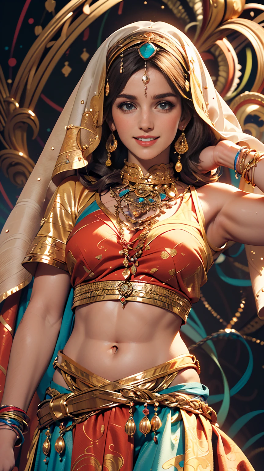 (masterpiece, highest quality, highest quality, Official Art, beautifully、aesthetic:1.2), (One girl:1.3), Very detailed,(Fractal Art:1.2),colorful,Most detailed,(Tangled:1.2), (Dynamic pose), (Abstract background:1.5), (Traditional Costume:1.2), (Shiny skin), (Many colors:1.4), (Belly Dance Costumes、sexy)、Belly button visible、Faint abdominal muscles visible、smile、Face Veil((mouth veil))