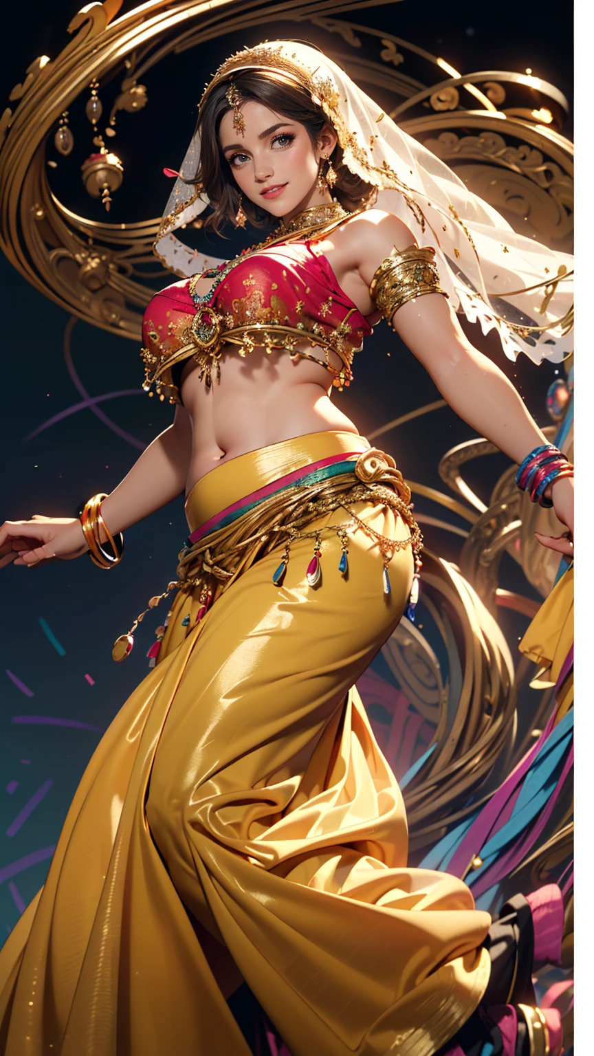 (masterpiece, highest quality, highest quality, Official Art, beautifully、aesthetic:1.2), (One girl:1.3), Very detailed,(Fractal Art:1.2),colorful,Most detailed,(Tangled:1.2), (Dynamic pose), (Abstract background:1.5), (Traditional Costume:1.2), (Shiny skin), (Many colors:1.4), （Belly Dance Costumes、sexy)、Belly button visible、Faint abdominal muscles visible、smile、Face Veil((mouth veil))