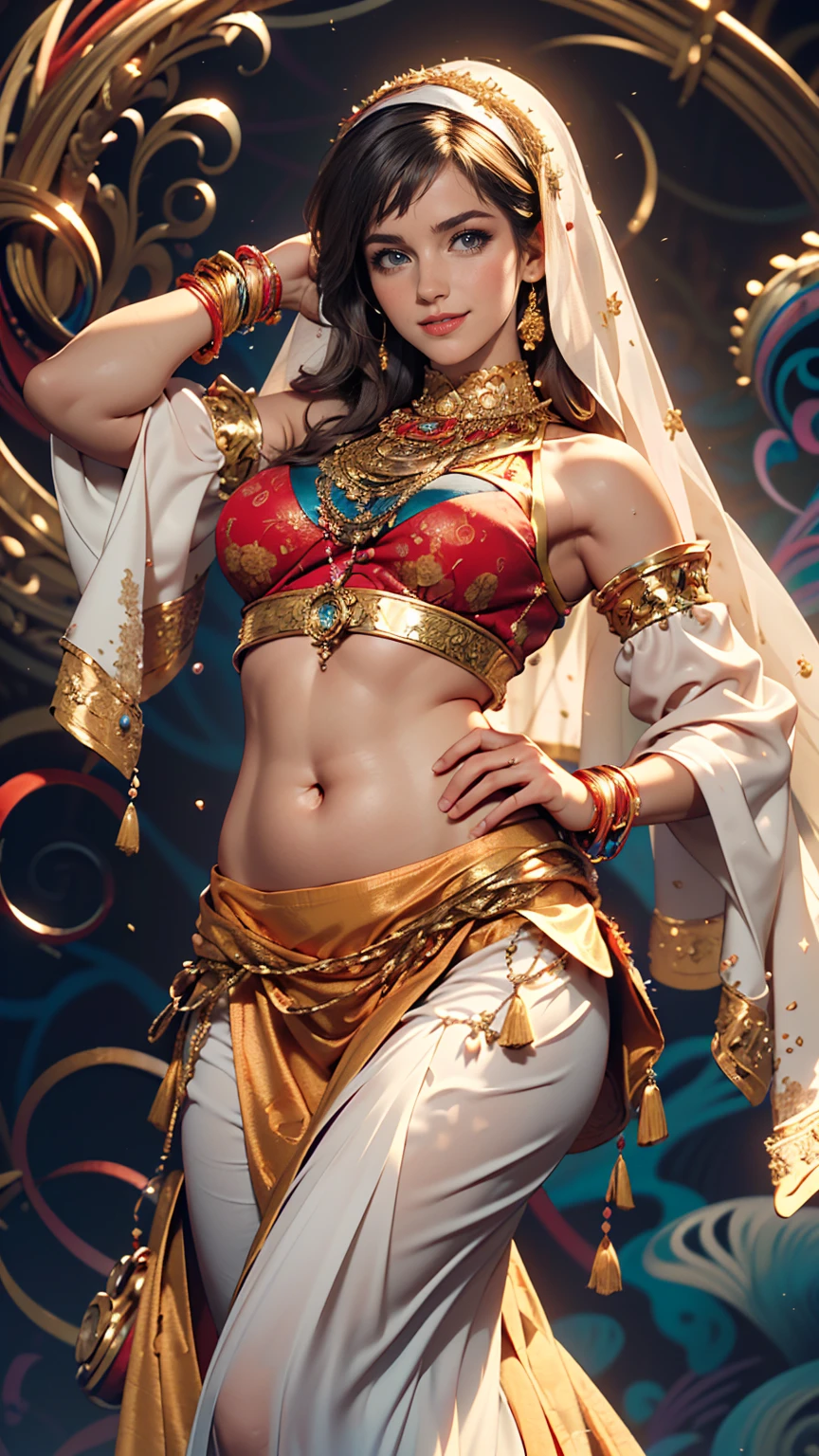 (masterpiece, highest quality, highest quality, Official Art, beautifully、aesthetic:1.2), (One girl:1.3), Very detailed,(Fractal Art:1.2),colorful,Most detailed,(Tangled:1.2), (Dynamic pose), (Abstract background:1.5), (Traditional Costume:1.2), (Shiny skin), (Many colors:1.4), (Belly Dance Costumes、sexy)、Belly button visible、Faint abdominal muscles visible、smile、Face Veil((mouth veil))