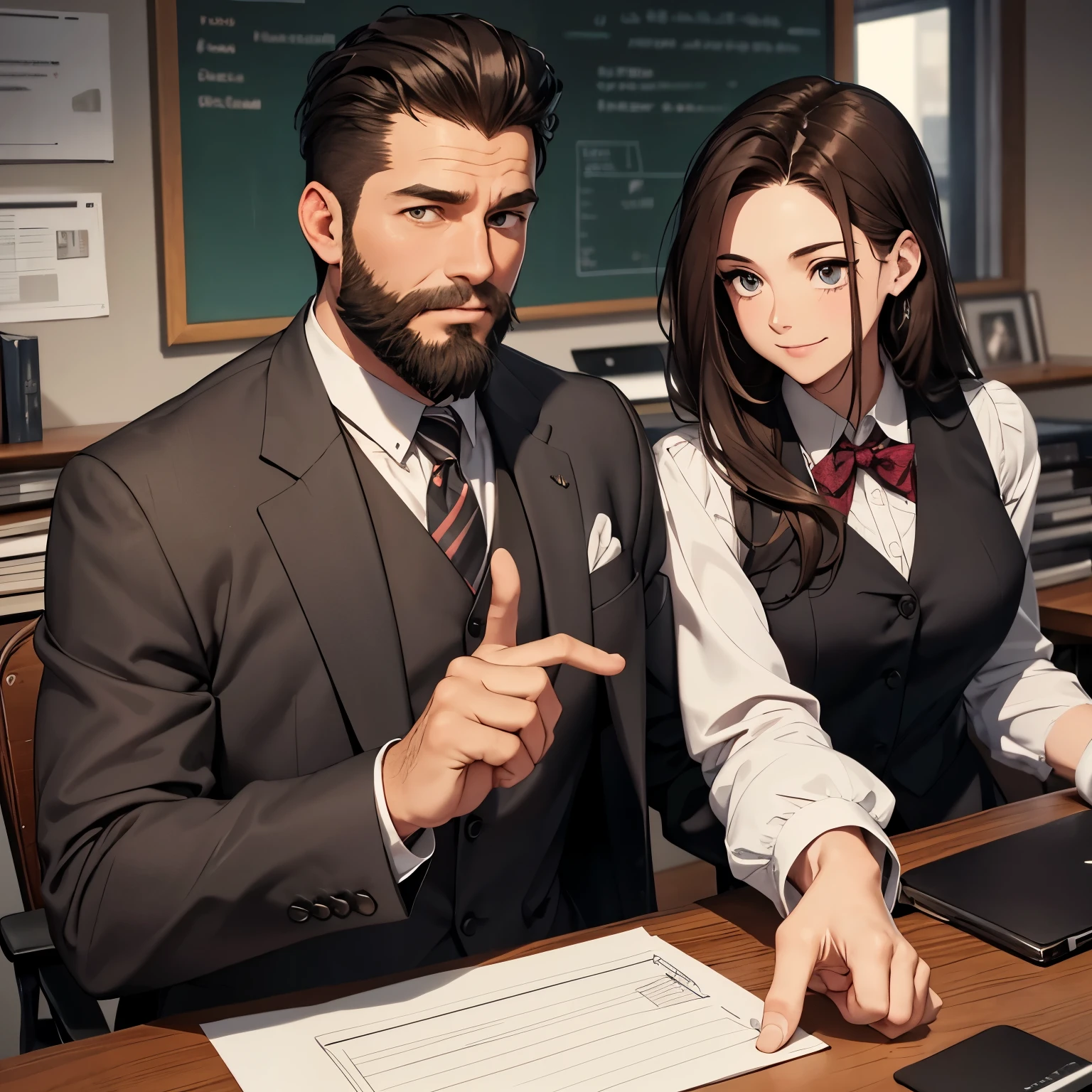 Drawing portrait of a serious 45-year-old man, Much older than the girl, and he is sitting in his office chair with a young girl by his side. The man has black hair combed back in a pompadour style, and the sides are shaved, the length of his hair is short, and has a beard. He wears a vest/suit. The girl is smiling and funny and wears casual clothes. She has long, dark brown hair, fair skin, long brown hair, and is short. And she's making the peace sign with her fingers.