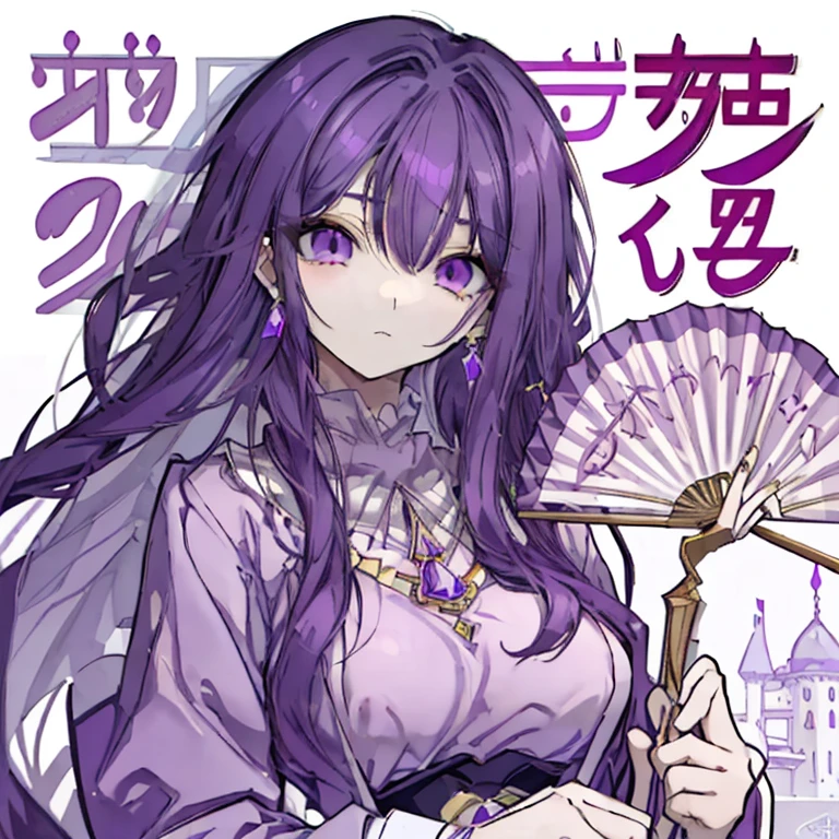Purple Hair,Long Hair,1 girl,Purple Eyes,Sharp Eyes,Expressionless,Mature,Ample breasts,Arabian costumes,Cover your mouth with a cloth,Holding a folding fan,beautiful,Arabian Castle,gorgeous,gem,Earrings,