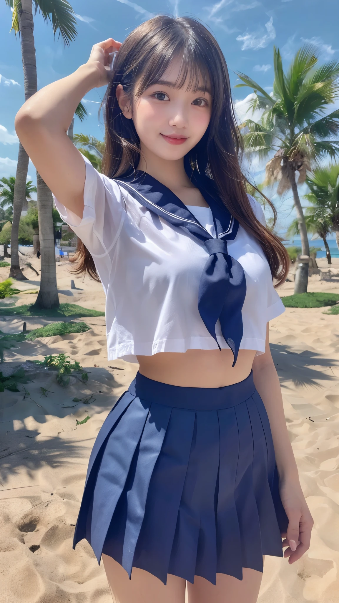 (best quality, 8k, 32k, masterpiece, UHD:1.2), (RAW photo), (realistic), (photorealistic:1.2), (high resolution), huge filesize, ultra-detailed, extremely beautiful face & eyes, 1girl, japanese elementary school student,14yo, 13yo, 12yo, round small face, baby face, thin waist, beautiful belly skin, large breasts, slim proportions, perfect thin thighs, small butt, (darkblue pleated mini skirt, japanese sailor, sailor fuku, serafuku, japanese school sailor suit, sailor red neckerchief), nice hands, perfect hands, accurate hand depiction, sweaty, shy smile, pure white teeth, from below, (blue sky, summer, sun, beach, palm tree, outdoors),