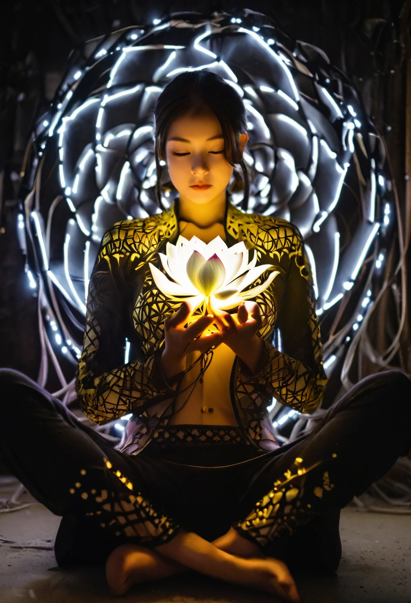 Full body photography of girl in lotus pose，Raw, Filming, (Be focused:1.5), (Reality:1.4), Dusk lighting, Volumetric Lighting, Ultra-high resolution,Dramatic Lighting, White background,（Zentangle，Mandala，dispute，Entanglement), Fox Demon，Fox Mask，Bomber Jacket, Foxfire Curse, fox family, Transformation, Depth of Field, Dreamy atmosphere, The most beautiful chaos, grace, Brutalist Design Dark Theme, Flower of Death, Flowers of ecstasy，glowing line,Glow Example，Tracking example，flash， Backlight，translucent，Light Particles, petal girl，ezh