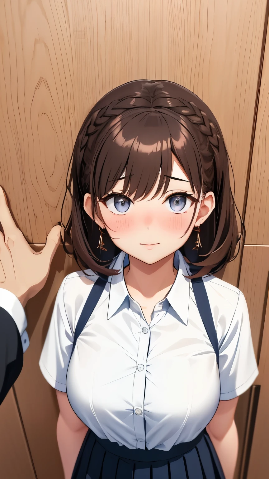 (best quality), 1girl and 1boy, (kabedon pov:1.3), ultra-detailed, illustration, masterpiece, aichan, beautiful detailed eyes, short brown hair, side braid, white shirt, black pleated skirt, blush, large breasts, school