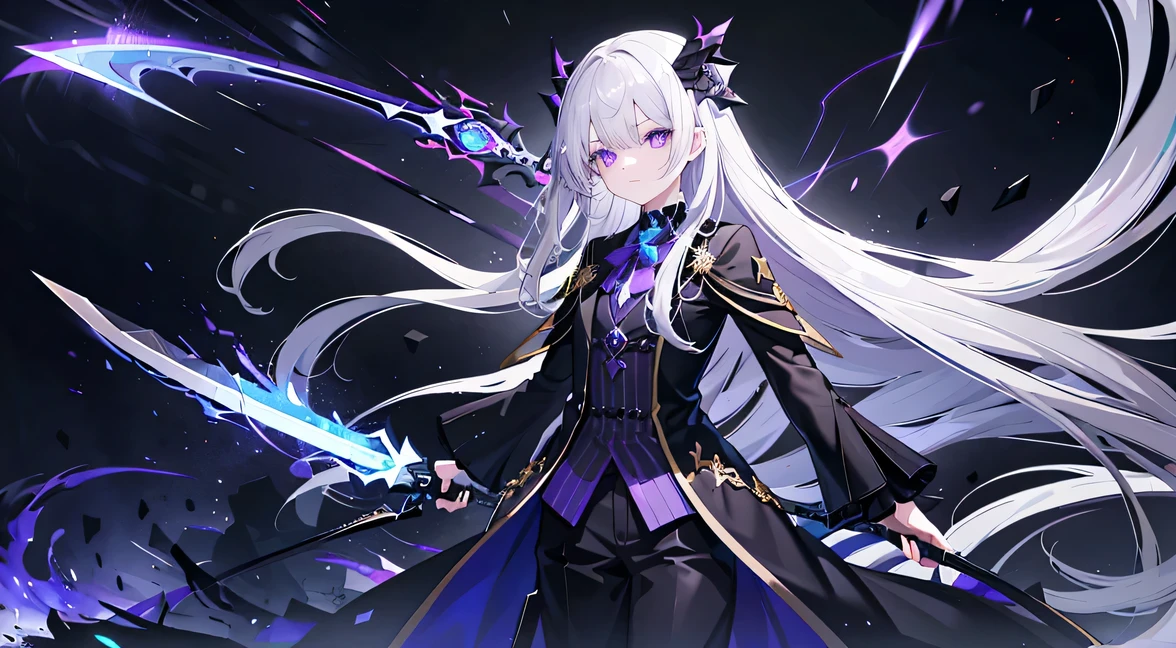 Wearing Darkness,1 Girl,Gray Hair,Long Hair,Purple left eye,blue right eye,With a dark sword,Countless Swords,Dark Aura,Black darkness,Golden Darkness,Black long coat,White Shirt,Black tie,Long trousers, Girls,1 person