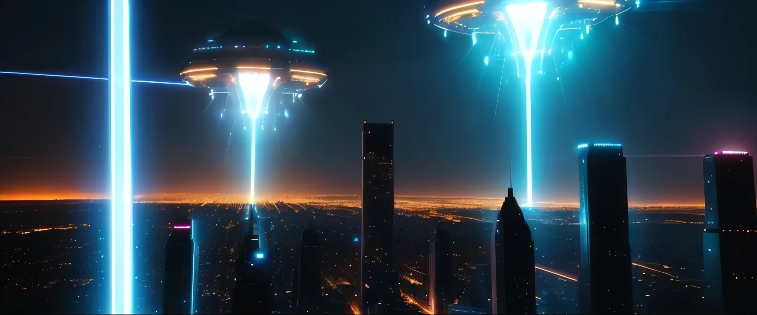 There are many lights shining in the sky above the city,  20 7 0,  Opening,  Depicted as a science fiction scene, sci - fi film still, Dramatic science fiction movie stills, Movie screenshots, Movie Neon Matte, searchlights in background