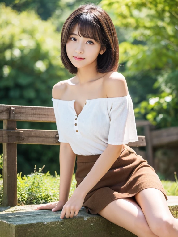 (Detailed skin:1.2),(Glowing Skin:1.1), 8k, highest quality, masterpiece, Ultra-high resolution, (Realistic:1.4), RAW Photos, (Soft saturation:1.3), (色white:1.2), Korean Idol, 27 years old, (masterpiece, highest quality: 1.2),(Highly detailed face, whole body,The real picture, Realistic Skin, Realistic body, Intricate details),Lightly reddish, (Neat and cool casual wear (white)), whiteいブラジャー, Ultra mini skirt 、Tight Skirt、 Sitting on a park bench、(Legs crossed:1.2、Long, slender legs、Beautiful legs)、Beautiful Face、brown hair、short hair, Small breasts, Are thin、Standing there watching me、Smiling、Japanese、Well-formed eyes、Symmetrical eyes、Slender body、I feel like I want to protect you、A neat and clean woman