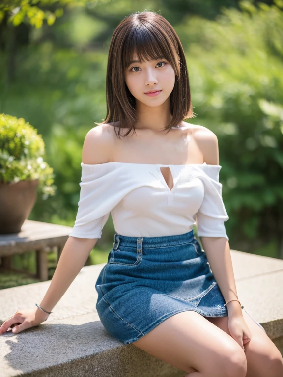 (Detailed skin:1.2),(Glowing Skin:1.1), 8k, highest quality, masterpiece, Ultra-high resolution, (Realistic:1.4), RAW Photos, (Soft saturation:1.3), (色white:1.2), Korean Idol, 27 years old, (masterpiece, highest quality: 1.2),(Highly detailed face, whole body,The real picture, Realistic Skin, Realistic body, Intricate details),Lightly reddish, (Neat and cool casual wear (white)), whiteいブラジャー, Ultra mini skirt 、Tight Skirt、 Sitting on a park bench、(Legs crossed:1.2、Long, slender legs、Beautiful legs)、Beautiful Face、brown hair、short hair, Small breasts, Are thin、Standing there watching me、to be shy、Japanese、Well-formed eyes、Symmetrical eyes、Slender body、I feel like I want to protect you、A neat and clean woman、flat chest、 neat woman, natural beauty、 light makeup 、Thin waist、Offer a drink