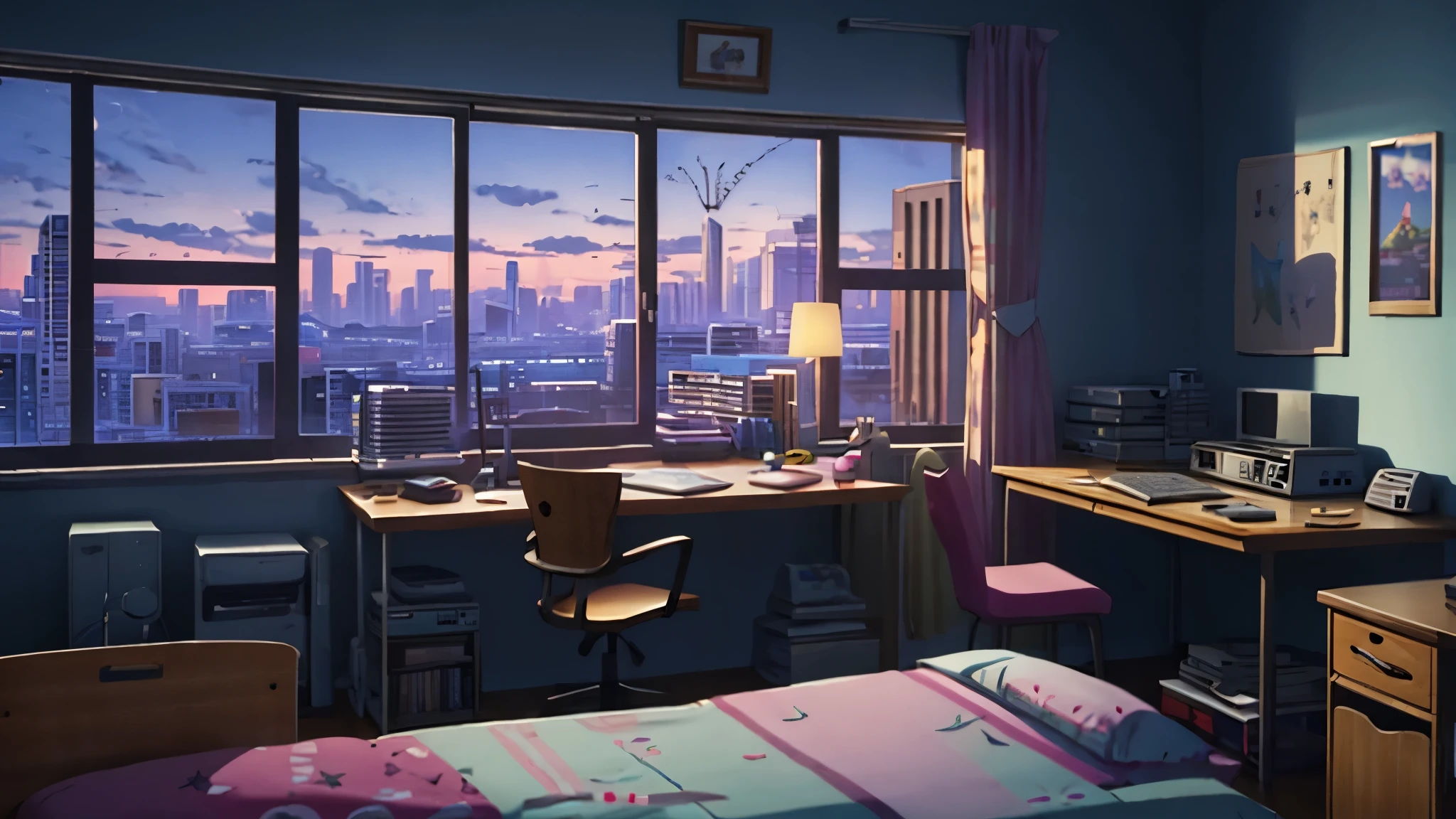 3d animation cinematic still of a cozy room, big windows with city view at night, crested moon, melancholic, sad vibes, bed is unmade, computer desk, cluttered with the mismatched furniture, The otaku style posters on the walls and the guitar in the corner,in style of Pixar, Disney, vaporwave, girl with headphone study on the desk