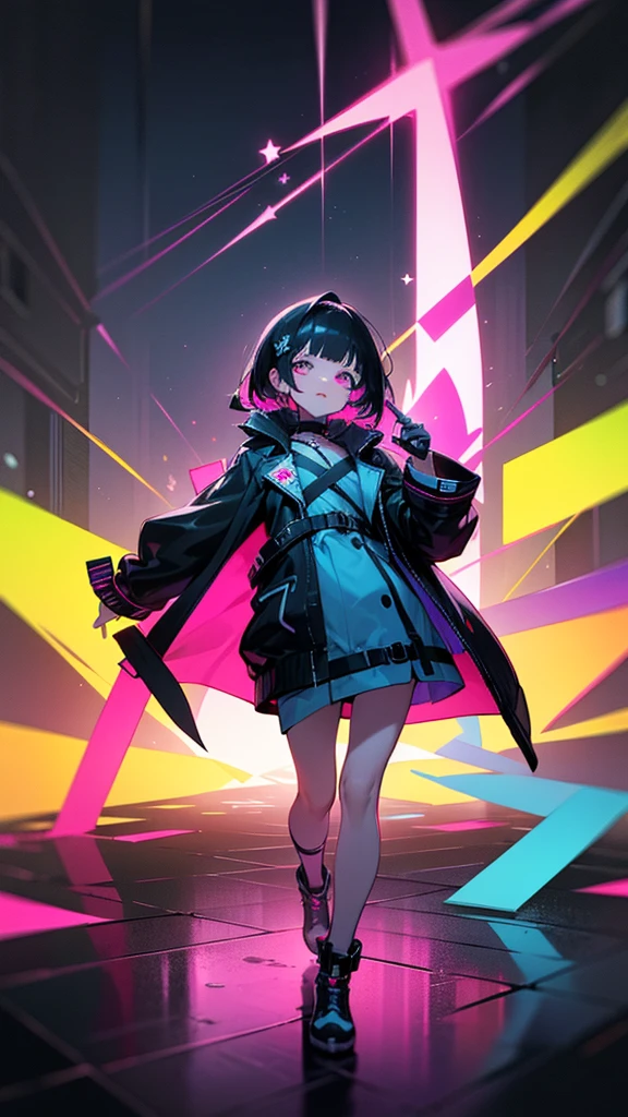 ((best quality)), ((masterpiece)), (detailed), perfect face. girl on a neon futuristic rhythm game floor. bright neon colors. She has black hair fading into a dark blue. she has small stars all over her hair. her eyes are bright warm colors. She is coming at the screen. she is wearing a neon trench coat. her face is leaning into the screen.
