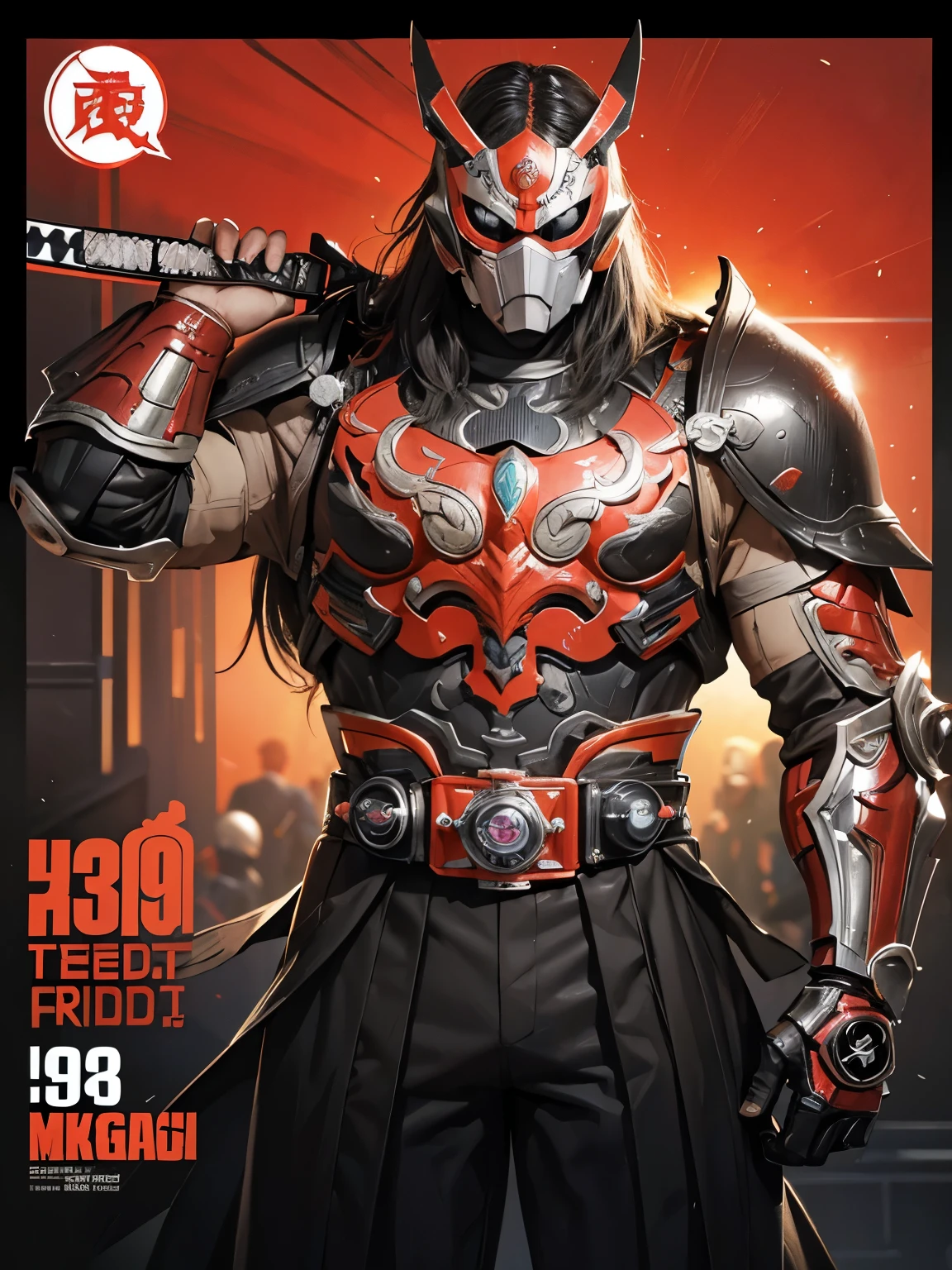 araffe dressed in a black suit holding a sword and a sword, cyborg samurai, cyber japan samurai armor, cyberpunk samurai, very beautiful cyberpunk samurai, full samurai armor godzilla , Textured skin, Super Detail, high details, High quality, Best Quality, hight resolution, 1080p, hard disk, Gorgeous beauty,(Kamen Rider),(mask off),(Female Riders),body suit,battle suits,Transformation Belt,Battle Mode,Metal,Transform into Kamen Rider,cyborgs