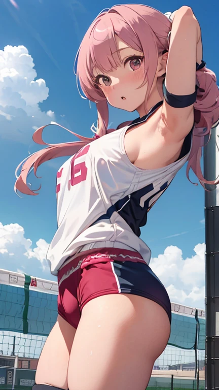 masterpiece、highest quality、Very detailed、Photograph the upper body、1 female、(Put your arms behind your back:1.4)、Are standing、Turn your body forward、View your viewers、(Volleyball Uniforms、Bloomers)、break,blush、shy、Pink Hair、Open your mouth、Volleyball court、Big Breasts、
