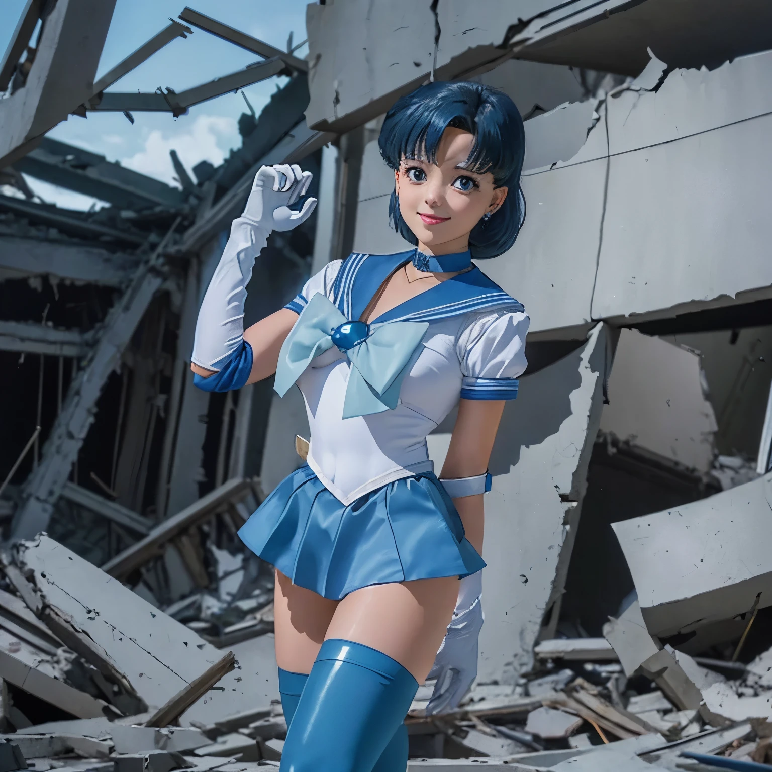 Masterpiece, best quality, high resolution, mer1, tiara, sailor warrior uniform, blue sailor collar, bow, knee-length boots, collar, white gloves, blue collar, elbow gloves, jewelry, earrings, blue skirt, cowboy shooting, standing, smiling, giantess, destruction of cities, ruins, collapsed buildings, overlook