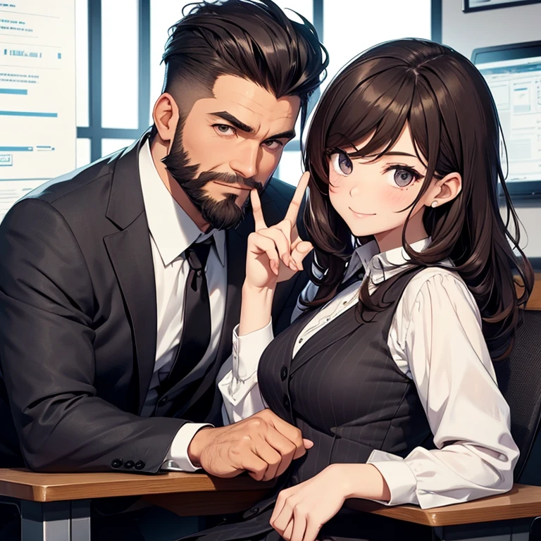 Drawing portrait of a serious 45-year-old man, Much older than the girl, and he is sitting in his office chair with a young girl by his side. The man has black hair combed back in a pompadour style, and the sides are shaved, the length of his hair is short, and has a beard. He wears a vest/suit. The girl is smiling and funny and wears casual clothes. She has long, dark brown hair, fair skin, long brown hair, and is short. And she's making the peace sign with her fingers.