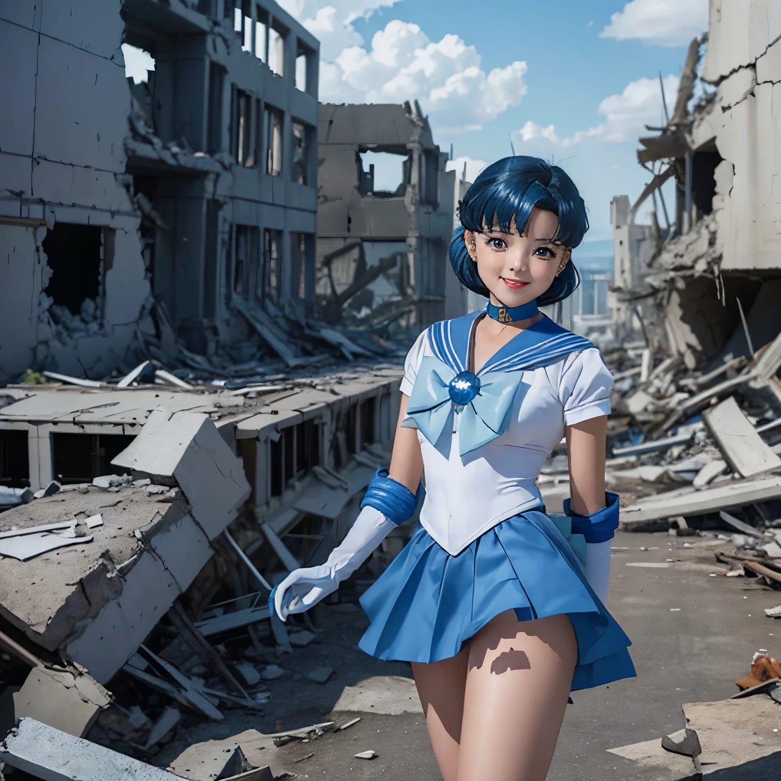 Masterpiece, best quality, high resolution, mer1, tiara, sailor warrior uniform, blue sailor collar, bow, knee-length boots, collar, white gloves, blue collar, elbow gloves, jewelry, earrings, blue skirt, cowboy shooting, standing, smiling, giantess, destruction of cities, ruins, collapsed buildings, overlook