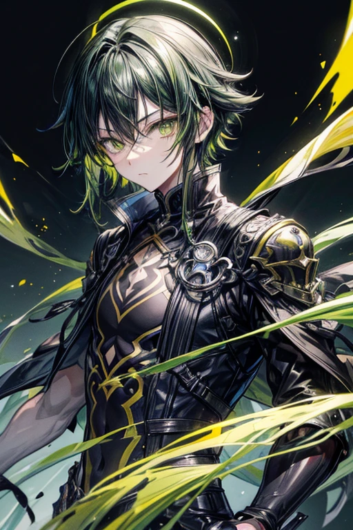 (masterpiece, best quality, perfect face, expressive eyes), 1boy, (anime), (male), (adult), black hair, yellow-green gradient hair, yellow-green eyes, black spider legs, black crown,