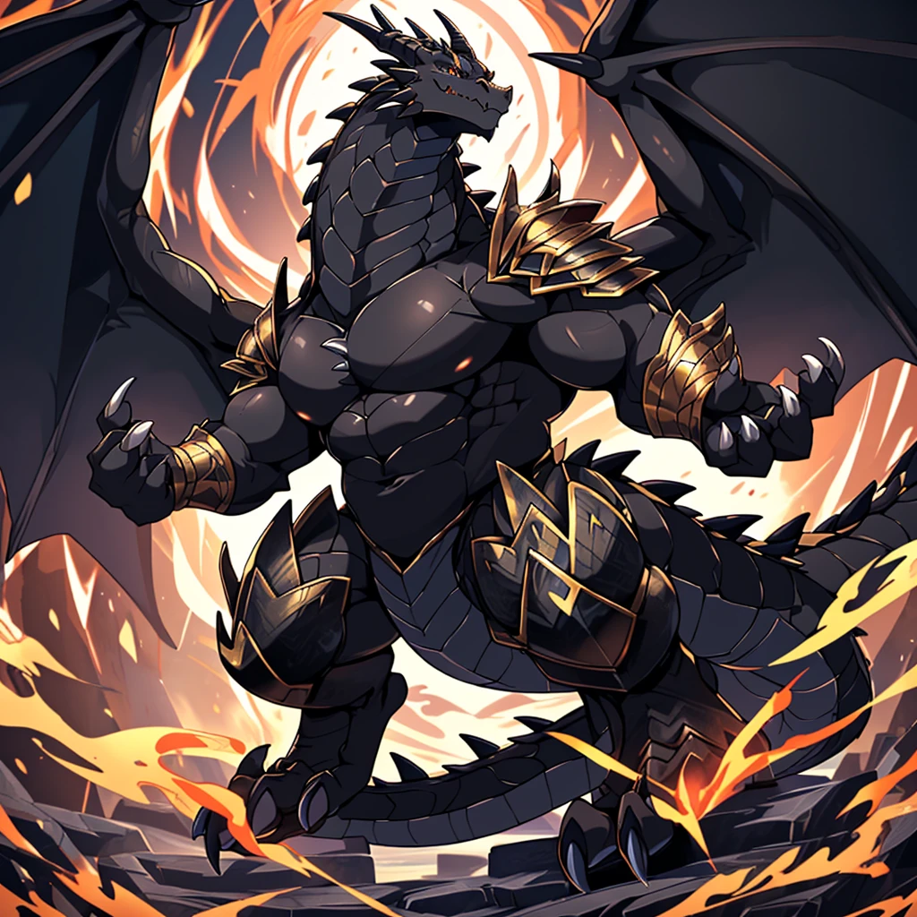 (The tyrannical and huge Black Dragon King is possessed and controlled by the black and gold magic armor.：100)，(Large dragon body，Majestic wingspan，Sharp dragon claws，Thick dragon tail，The huge black dragon king，Huge dragon claw：2)，Strong physique，Overwhelming presence，Full body picture，Very detailed，4k HD
