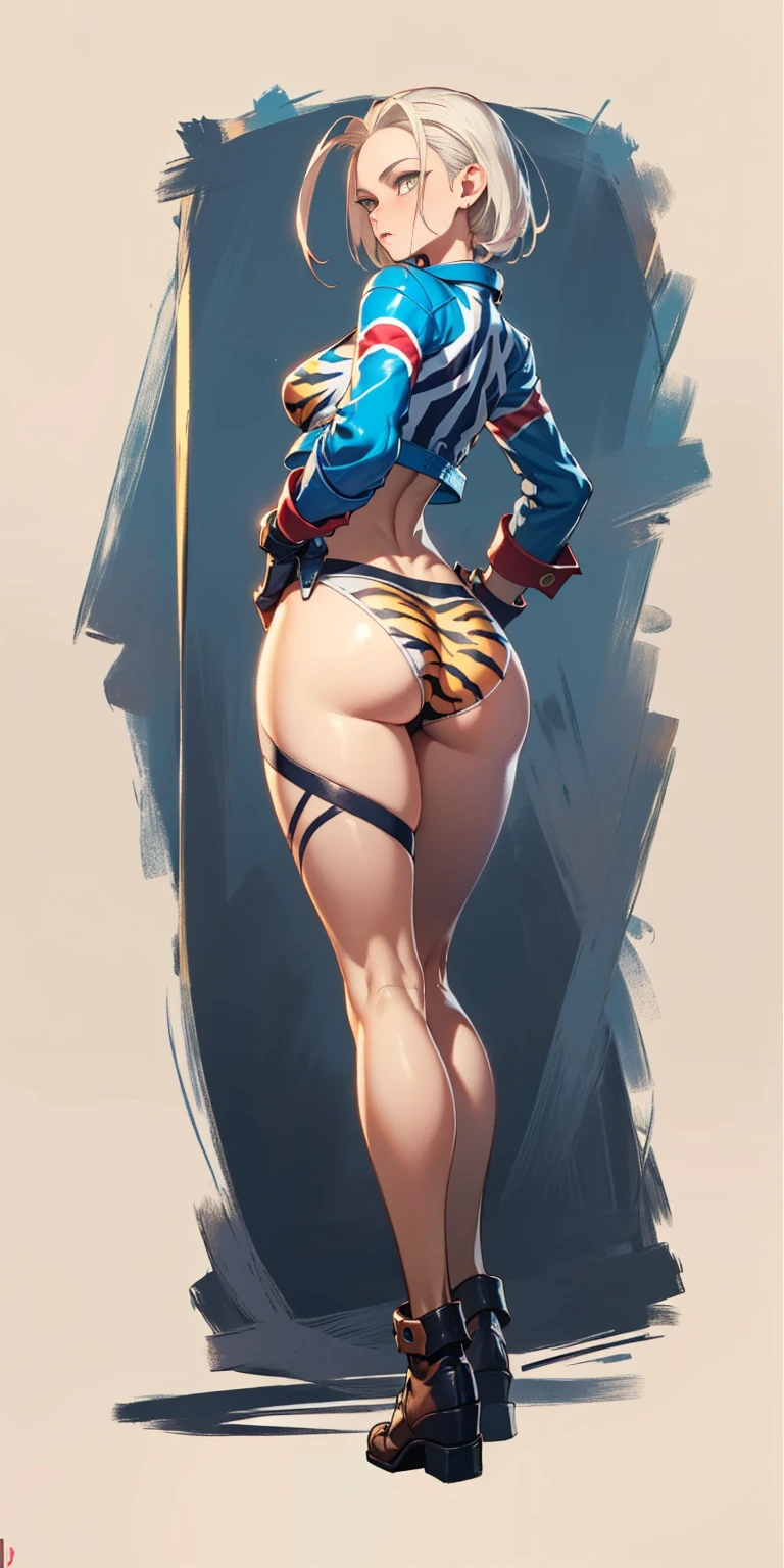 Drawing of cammy_white, cammy sf6, bang, scar on cheek (((Plain background:1.2))) (masterpiece, high quality:1.1) 1girl solo full body squatting looking to the viewer, view from below, hairstyle short bob hair with 2 longs braids, extra long hair, white silver hair, red eyes, HANDS ON HIPS (yellow tiger bikini print long sleeves and long stockings) (dark elf dark skin) (incredibly beautiful full body photo standing, (((bright eyes))) good anatomy, perfect hand muscular legs))) thin waist, muscular abdomen, wearing black high heel shoes (((with her back to me showing her big shapely ass to me)))