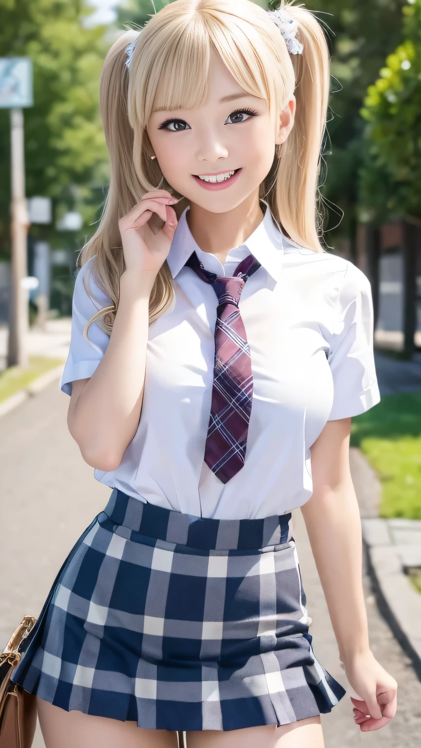 Browsing Caution、8k,highest quality, masterpiece, Very detailed, Ultra-high resolution, Realistic, RAW Photos, , Absolute Resolution, Complete limbs、Complete Anatomy、Perfect beautiful skin、pretty girl1人,Cute girl 、****ta Girl、(smile:1.3)、、(School Uniform:1.1)、(Short sleeve white collar shirt:1.1) 、、(Tartan check micro mini skirt:1.1)、Big Breasts、(Accentuate your thighs:1.3)、belly button、、(blonde:1.2)、、、pretty girl、 Japanese Girls、
